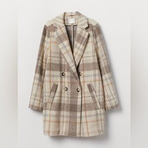H&M Double-Breasted  Wool Blend Tan Plaid Coat Jacket Size 0